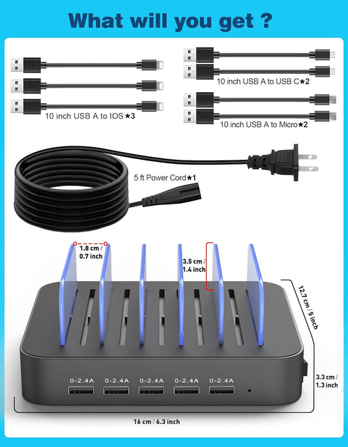 Load image into Gallery viewer, Charging Station for Multiple Devices,  5 Port Multi USB Charger Station with Power Switch Designed for Iphone Ipad Cell Phone Tablets (Gray, 7 Mixed Short Cables Included)
