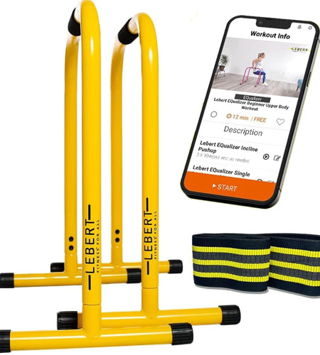 Fitness Dip Bar Stand - Original Equalizer Total Body Strengthener Pull up Bar Home Gym Exercise Equipment Dipping Station - Hip Resistance Band, Workout Guide and Online Group - Yellow
