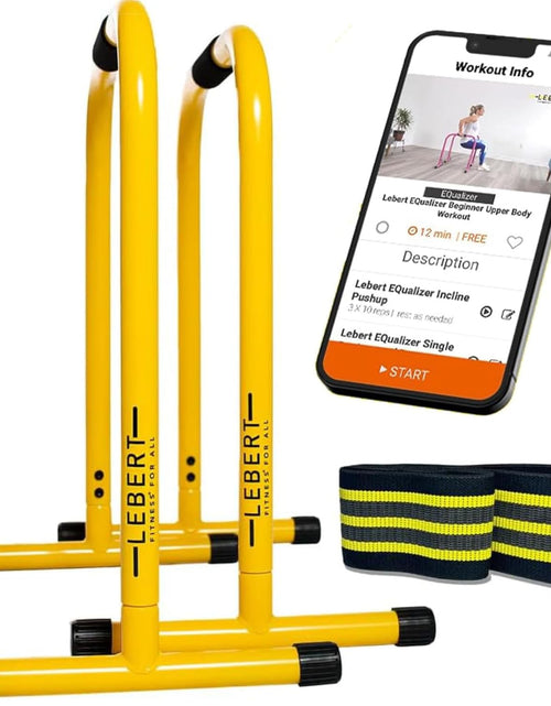 Load image into Gallery viewer, Fitness Dip Bar Stand - Original Equalizer Total Body Strengthener Pull up Bar Home Gym Exercise Equipment Dipping Station - Hip Resistance Band, Workout Guide and Online Group - Yellow

