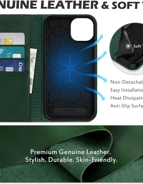 Load image into Gallery viewer, Case for Iphone 13, Genuine Leather Iphone 13 5G Wallet Folding Case with Kickstand RFID Blocking Card Slots Magnetic Shockproof Case Compatible with Iphone 13 5G (6.1" 2021) - Midnight Green
