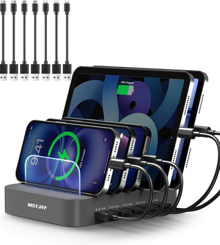 Charging Station for Multiple Devices,  5 Port Multi USB Charger Station with Power Switch Designed for Iphone Ipad Cell Phone Tablets (Gray, 7 Mixed Short Cables Included)