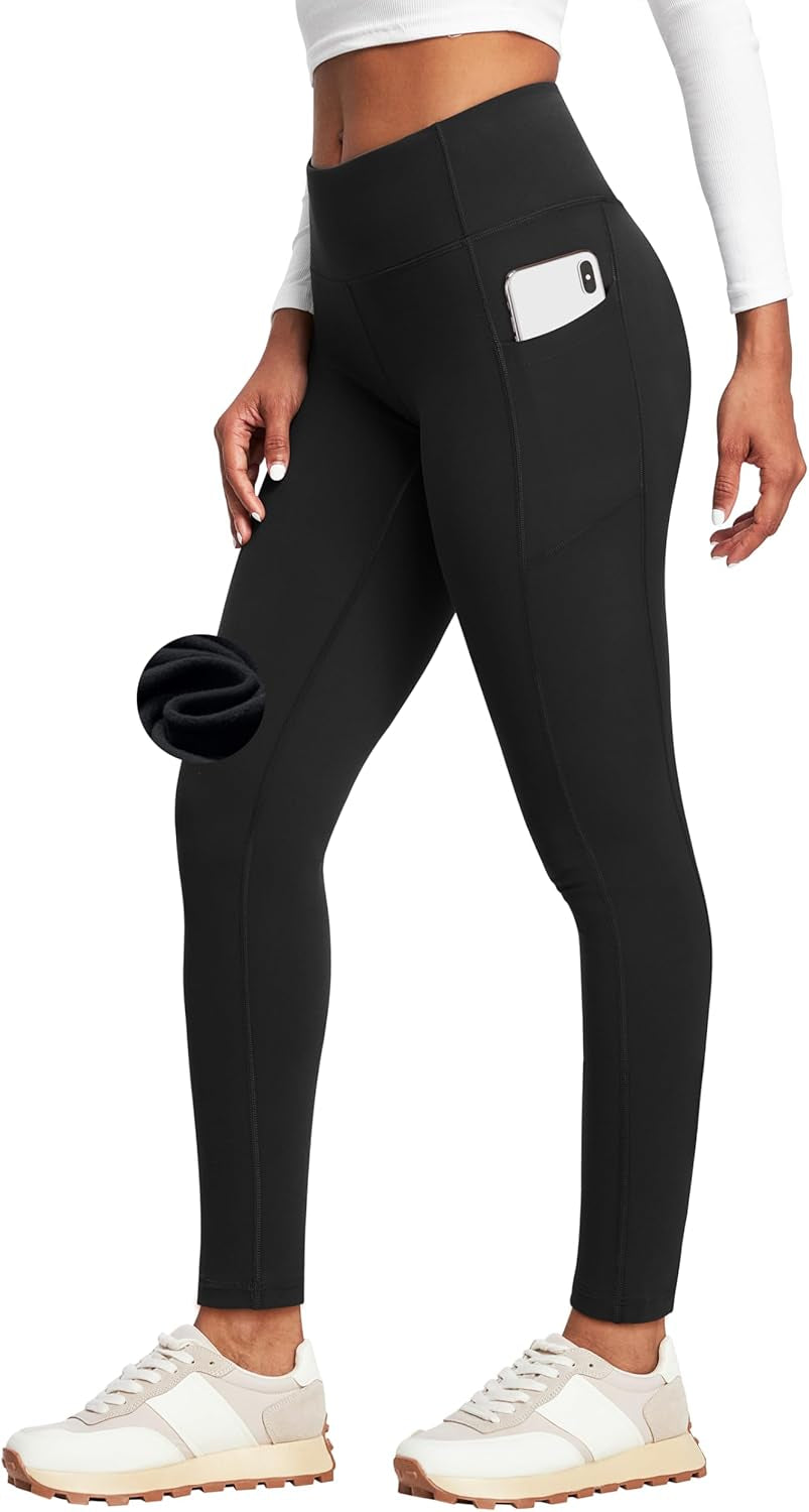 Fleece Lined Leggings with Pockets for Women Thermal Yoga Pants for Women Winter Workout Leggings for Women