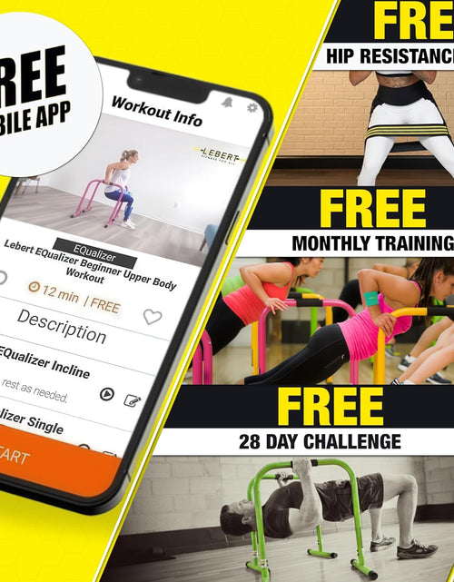 Load image into Gallery viewer, Fitness Dip Bar Stand - Original Equalizer Total Body Strengthener Pull up Bar Home Gym Exercise Equipment Dipping Station - Hip Resistance Band, Workout Guide and Online Group - Yellow
