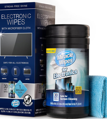 Miraclewipes for Electronics Cleaning - Screen Wipes Designed for TV, Phones, Monitors and More - Includes Microfiber Towel - (30 Count)