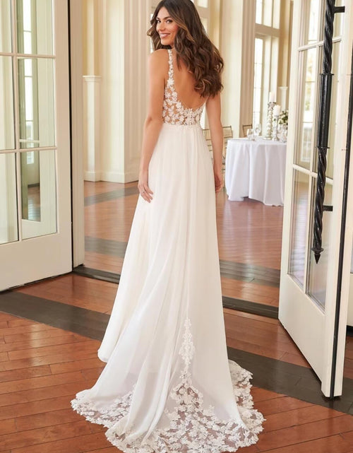 Load image into Gallery viewer, Lace Beach Wedding Dresses for Bride 2022 with Sleeves Long Train Boho Split Sheer Beach Bridal Gowns for Women
