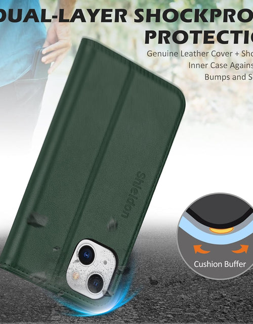 Load image into Gallery viewer, Case for Iphone 13, Genuine Leather Iphone 13 5G Wallet Folding Case with Kickstand RFID Blocking Card Slots Magnetic Shockproof Case Compatible with Iphone 13 5G (6.1" 2021) - Midnight Green
