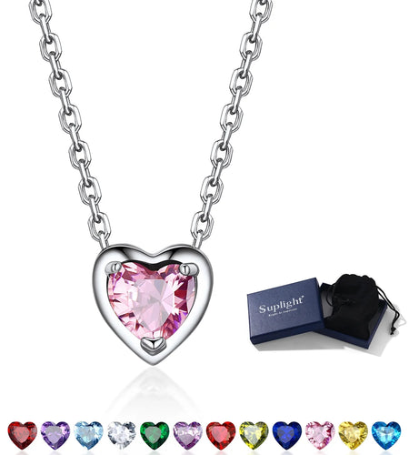Silver Necklace for Women 925 Sterling Silver Birthstone Love Heart Necklace