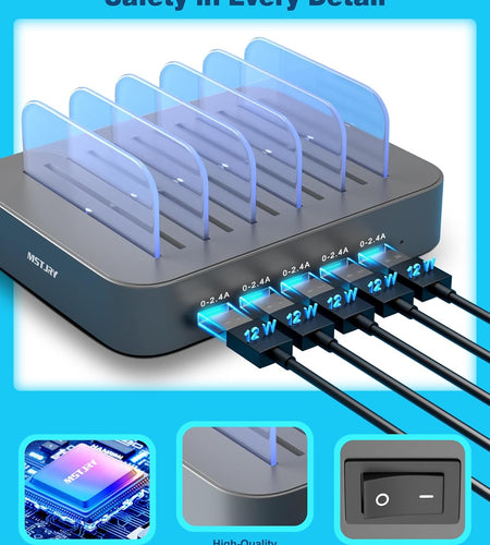 Charging Station for Multiple Devices,  5 Port Multi USB Charger Station with Power Switch Designed for Iphone Ipad Cell Phone Tablets (Gray, 7 Mixed Short Cables Included)