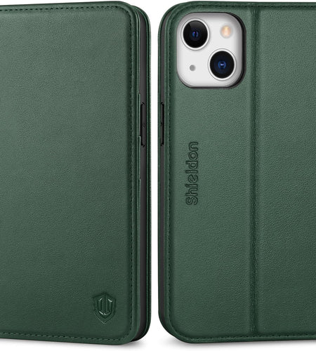 Case for Iphone 13, Genuine Leather Iphone 13 5G Wallet Folding Case with Kickstand RFID Blocking Card Slots Magnetic Shockproof Case Compatible with Iphone 13 5G (6.1" 2021) - Midnight Green
