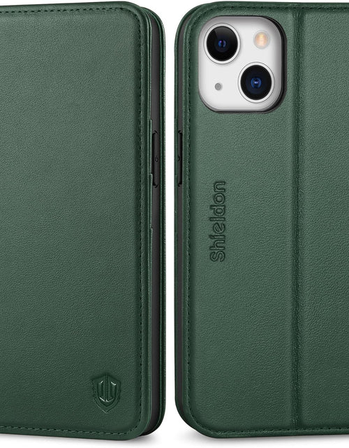 Load image into Gallery viewer, Case for Iphone 13, Genuine Leather Iphone 13 5G Wallet Folding Case with Kickstand RFID Blocking Card Slots Magnetic Shockproof Case Compatible with Iphone 13 5G (6.1" 2021) - Midnight Green
