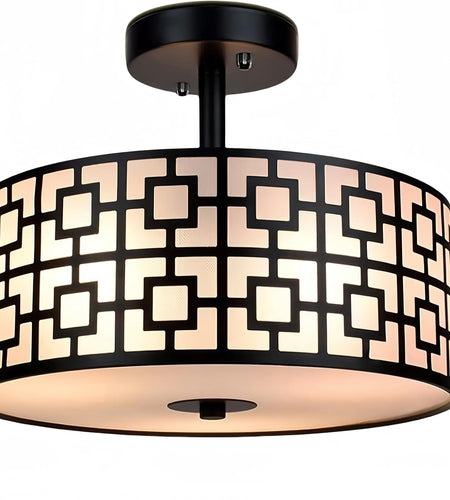 Modern Semi Flush Ceiling Light Fixture, 3-Light Bedroom Ceiling Drum Light, Entry Light Fixtures Ceiling Hanging for Dining Room, Kitchen, Hallway, Entry, Foyer, Living Room, Black Finish