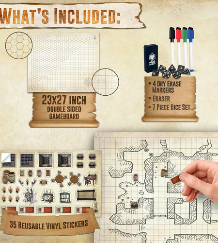 Battle Game Mat for DND - Tabletop Board Game Map for Dungeons and Dragons - Perfect Set for Starters and Masters - Accessories for Pathfinder, Wargaming, 40K, Warhammer - 23X27