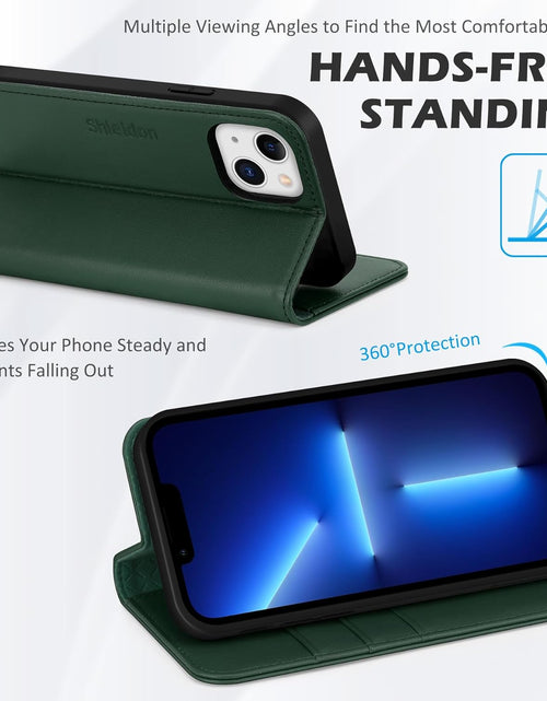 Load image into Gallery viewer, Case for Iphone 13, Genuine Leather Iphone 13 5G Wallet Folding Case with Kickstand RFID Blocking Card Slots Magnetic Shockproof Case Compatible with Iphone 13 5G (6.1" 2021) - Midnight Green
