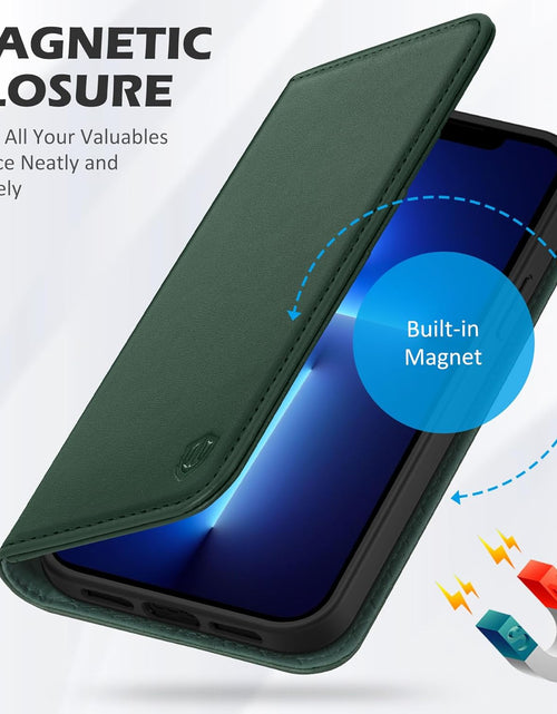 Load image into Gallery viewer, Case for Iphone 13, Genuine Leather Iphone 13 5G Wallet Folding Case with Kickstand RFID Blocking Card Slots Magnetic Shockproof Case Compatible with Iphone 13 5G (6.1" 2021) - Midnight Green
