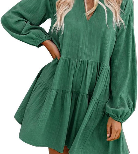 Long Sleeve Shift Tunic Dress Ruffle Swing Babydoll Juniors Mini Ruffle Dress with Pockets